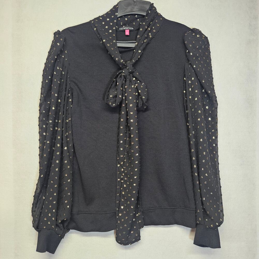 Natt Taylor Black with Gold Sheer Sleeves Tie-Neck Blouse